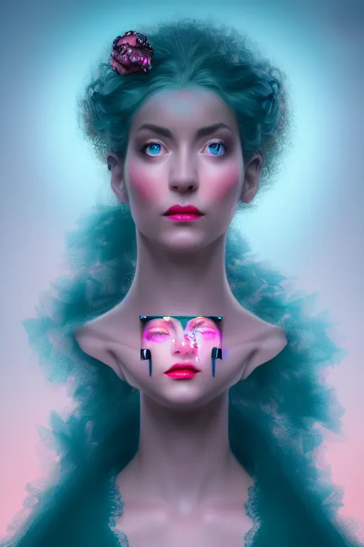 Image similar to hyperrealistic very detailed rococo profile of woman with pink eyes and jewel mouth matte painting concept art very dramatic dark teal lighting wide angle 35mm shallow depth of field 8k