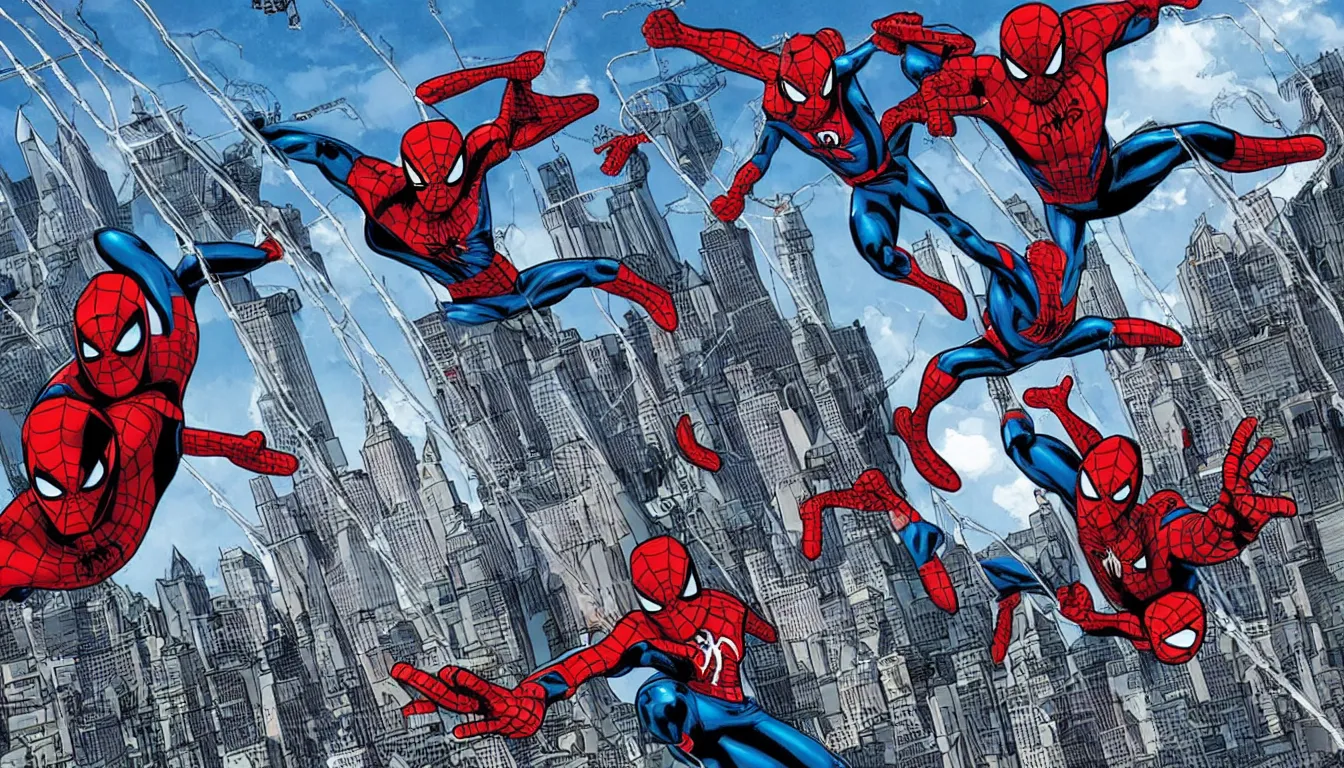 Prompt: a wide angle action shot of avengers defending brooklyn bridge from alien invasion, spider-man swinging on a web in the background, in the style of marvel comics, graphic novel