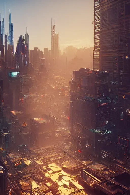 Image similar to cyberpunk cityscape with tall buildings at dusk golden hour orange cinematic lighting, epic composition. A golden daylight, hyper-realistic environment. Hyper and intricate detail, photo-realistic. Cinematic and volumetric light. Epic concept art. Octane render and Unreal Engine, trending on artstation