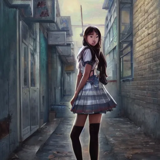 Image similar to a perfect, very detailed, realistic professional oil painting of a Japanese schoolgirl posing in a dystopian alleyway, style of Marvel, full length, by a professional American senior artist on ArtStation, a high-quality hollywood-style concept