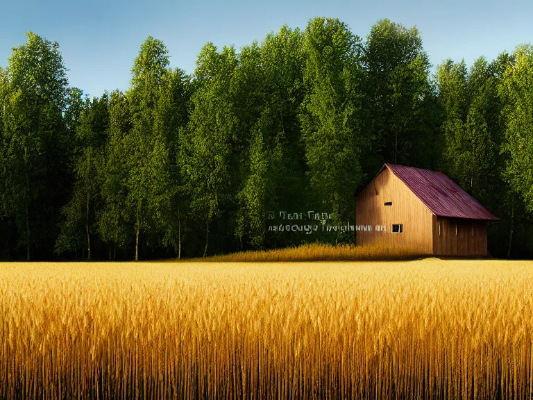 Prompt: hyperrealism photography of beautiful eco house around the forest in small ukrainian village by taras shevchenko, wheat field behind the house