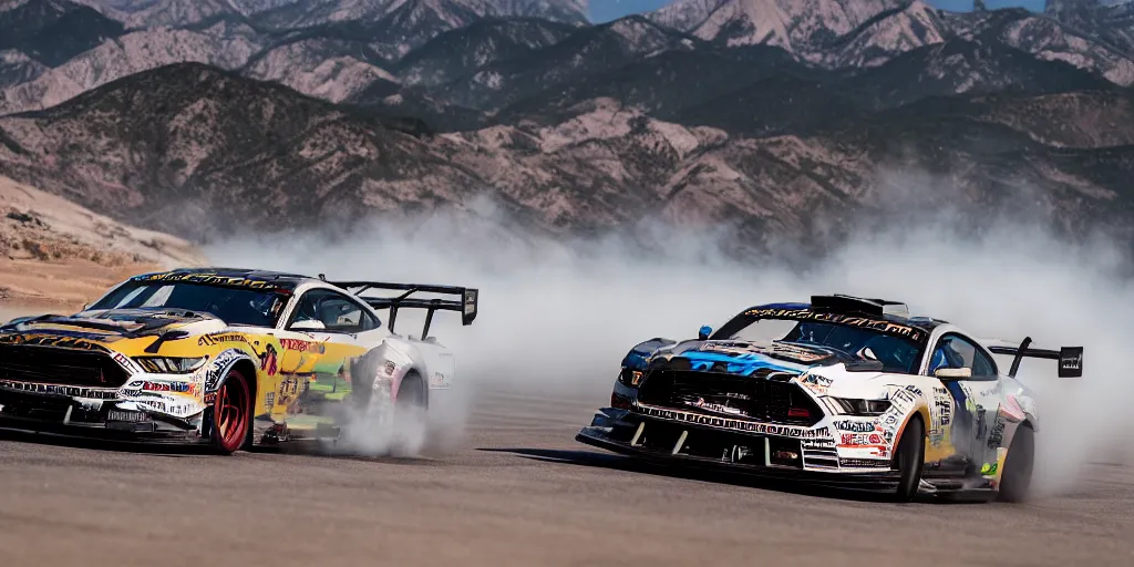 Image similar to A wide angle photograph of the hoonicorn mustang drifting Pikes Peak by Larry Chen , Canon, hoonigan, cinematic lighting, by Larry Chen, pikes peak, f18, f22, 4k