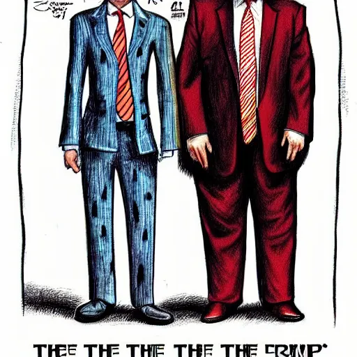 Image similar to !dream The Artwork of R. Crumb and his Cheap Suit Donald Trump and Jared Kushner, pencil and colored marker artwork, trailer-trash lifestyle