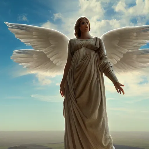 Prompt: gigantic biblical depiction of an angel mixed with a woman, towering over a vast landscape, cinematic, realistic, photorealistic, detailed, white body, global illumination, volumetric lighting, 8 k, beautiful, majestic clouds