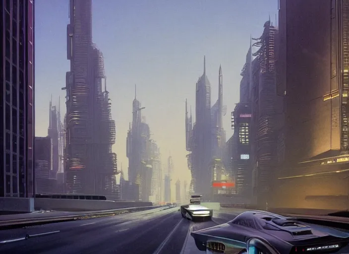 Image similar to a car driving down a street next to tall buildings the night at 11:00 am, cyberpunk art by Chesley Bonestell, cgsociety, retrofuturism, matte painting, reimagined by industrial light and magic