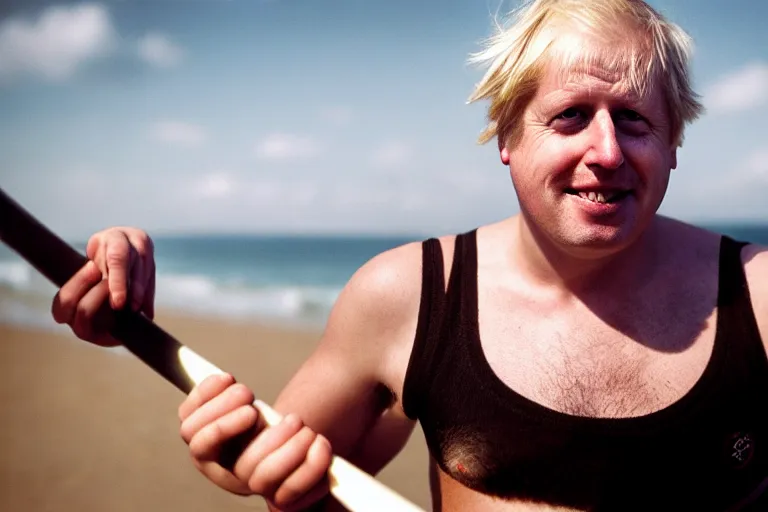 Prompt: closeup portrait of boris johnson at the beach moving britain with an oar, natural light, sharp, detailed face, magazine, press, photo, steve mccurry, david lazar, canon, nikon, focus