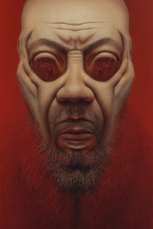 Image similar to ascii, hyperrealism oil painting, close - up portrait of a scary ai weiwei with ten eyes and mandibles, in style of baroque zdzislaw beksinski