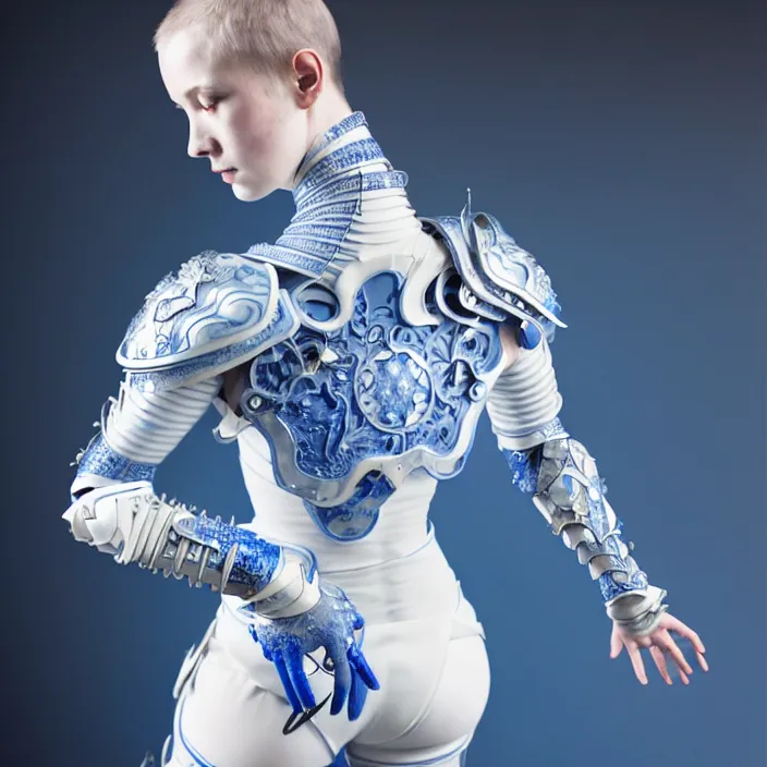 Prompt: porcelain cyborg armor, Chinese Blue and white porcelain 24th century, diffuse lighting, fantasy, intricate, elegant, highly detailed, lifelike, photorealistic, digital painting, artstation, illustration, concept art, smooth, sharp focus, art by John Collier and Albert Aublet and Krenz Cushart and Artem Demura and Alphonse Mucha