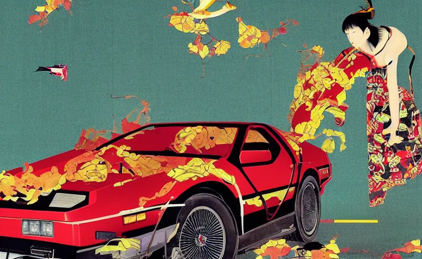 Image similar to a red delorean and a yellow tiger, painting by hsiao - ron cheng & utagawa kunisada, magazine collage style,