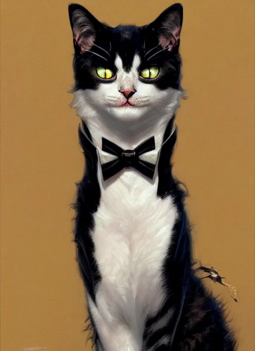 Image similar to cat with tuxedo markings, fantasy, intricate, elegant, hyper detailed, ultra definition, photoreal, artstation, unreal engine rendered, concept art, smooth, sharp focus, illustration, art by artgerm and greg rutkowski and alphonse mucha and garis edelweiss