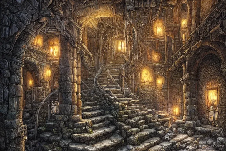 Image similar to stone steps leading down to an epic dungeon, todd lockwood, hyperdetailed, hyperrealism, fantasy, spooky, wizards of the coast