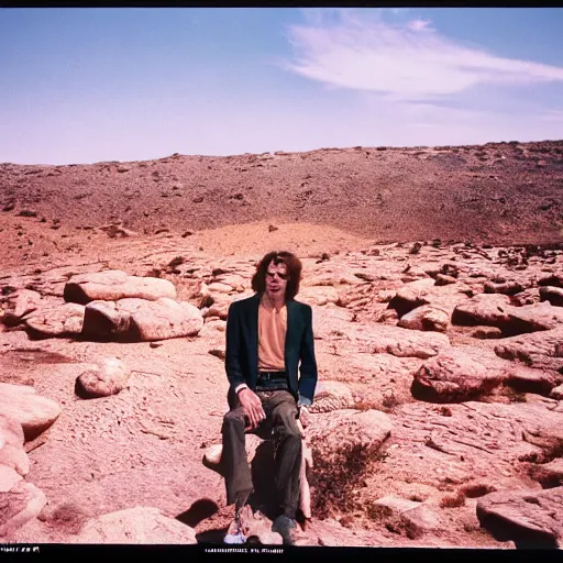 Prompt: mick jagger in a dry rocky desert landscape, visible sky and sunny atmosphere, fata morgana by alejandro jodorowsky, anamorphic lens, kodakchrome, 8 k -