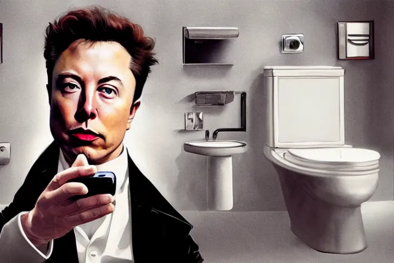 Image similar to hyperrealism aesthetic ridley scott and denis villeneuve style photography of a detailed elon musk, siting on a detailed toilet and scrolling his smartphone in hyperrealism scene from detailed art house movie in style of alejandro jodorowsky and wes anderson