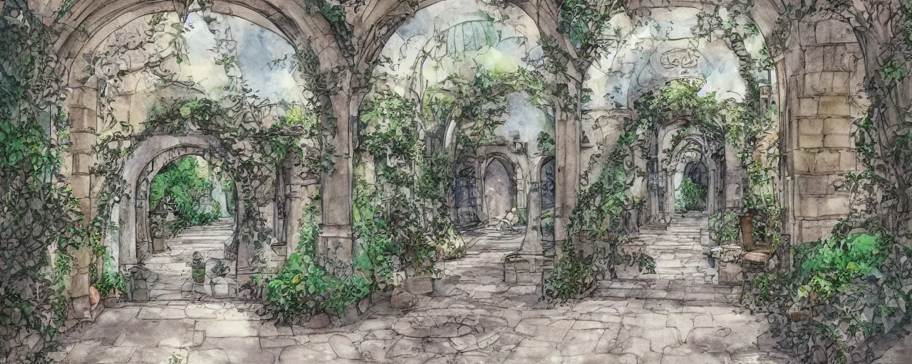 Image similar to courtyard walkway, fountain, castle, stairway, chairs, wrought iron, gate, botanic garden, botanical herbarium paper, watercolor colored painting, iridescent colors, realistic shaded, fine, artstation, italian style, colonnade ornate headdress, craving, carved, insanely detailed studio ghibli
