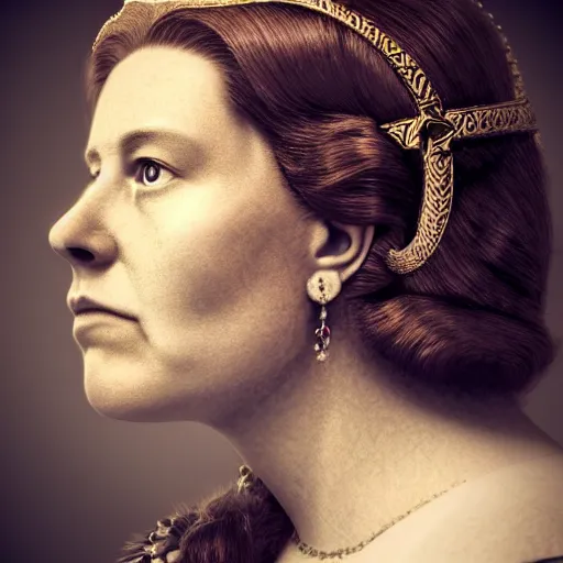 Prompt: hyperrealistic photograph of a brown-haired viking Queen Elizabeth II, 8k, profile picture, cinematic, high contrast, epic real fantasy, stoic facial expression, looking at the camera