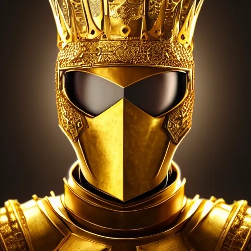 Image similar to a highly detailed knight in a golden helmet and a golden crown with a diamond in the center, glowing purple eyes, golden armor, leather clothes under the armor, leather gloves, holds a black sword, artstation, DeviantArt, professional, octane render, sunset lighting