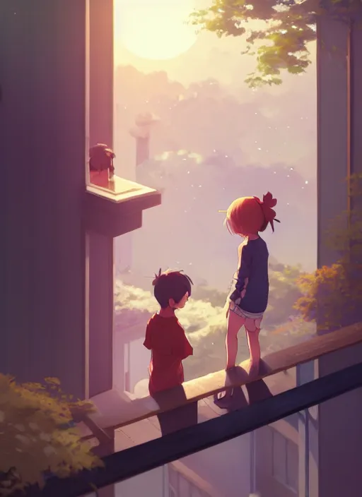 Image similar to boy teaching a girl using telescope on the balcony timidly, illustration concept art anime key visual trending pixiv fanbox by wlop and greg rutkowski and makoto shinkai and studio ghibli