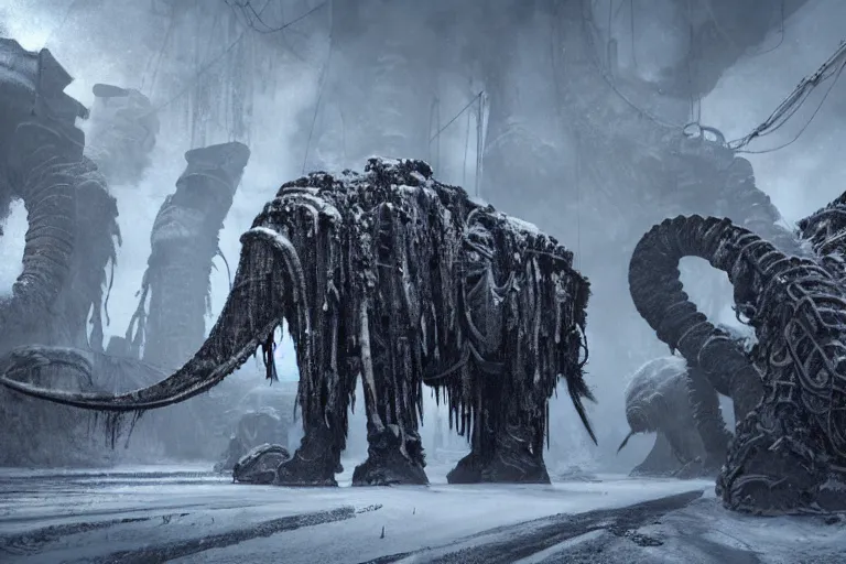 Prompt: a giant steampunk mammoth, post - apocalyptic ice landscape in snowstorm, concept art by hr giger, hyper detailed, unreal engine