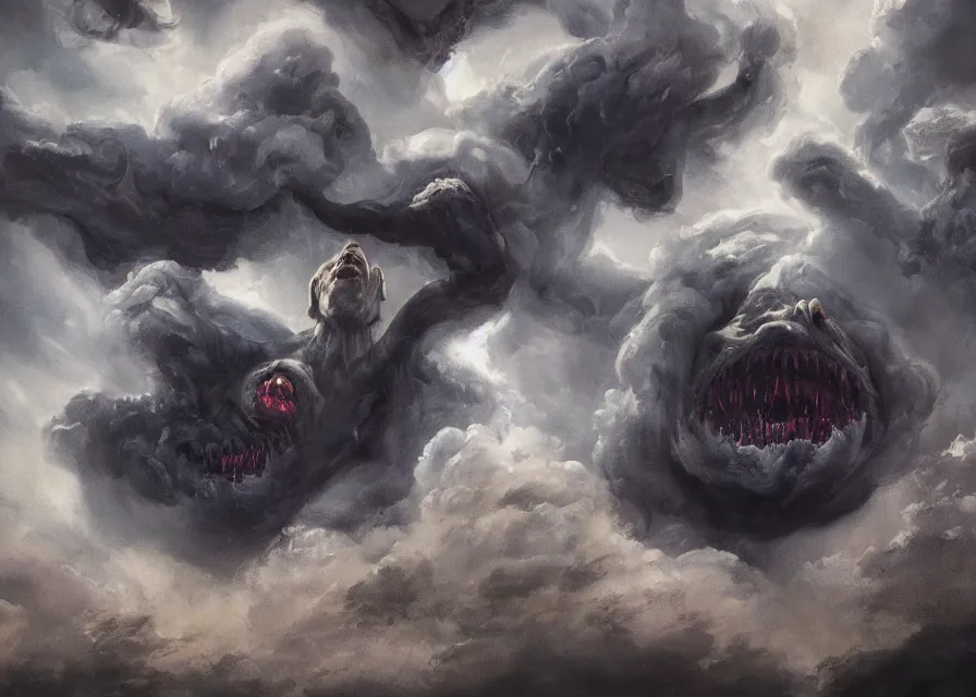 Image similar to large abstract painting of giant Joe Biden grinning evil emperor of the world made out of clouds emerging in dark clouds, cosmic horror, evil, dangerous, trending on ArtStation, masterpiece, by Greg Rutkowski, by Ross Tran, by Fenghua Zhong, octane, lightbeam eyes, soft render, clear facial features, oil on canvas, immense crowd of people, moody lighting, cinematic, professional environment concept art