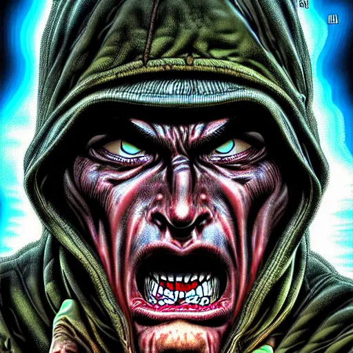 Image similar to a highly detailed surprised man, comic book cover art, in the style of todd mcfarlane and jack kirby, with a haunting background, digital photography, photorealistic, realistic, extreme detail