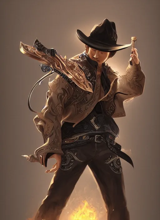 Prompt: a highly detailed illustration of korean man as cowboy wearing black cowboy hat, dramatic wielding gun pose, perfect face, intricate, elegant, highly detailed, centered, digital painting, artstation, concept art, smooth, sharp focus, league of legends concept art, wlop