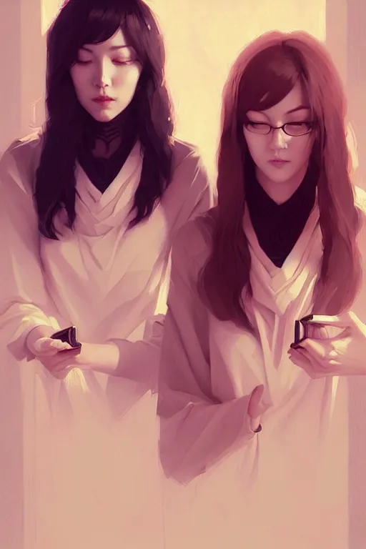 Image similar to portrait of two wise and very beautiful women reviewing some texts, art by guweiz, intricate, elegant, highly detailed, smooth, sharp focus, artstation