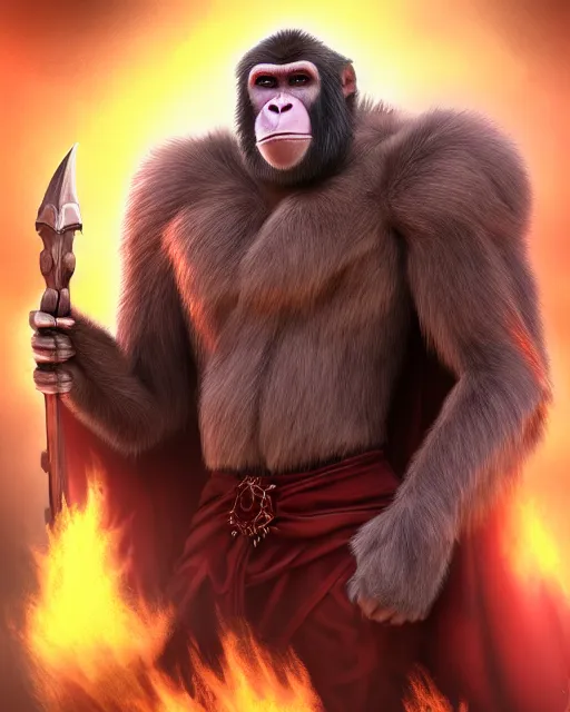 Image similar to fury art, an anthro ape wearing a large cape and a fantasy armor, ice, fiery background, 3 d, 8 k, extremely detailed, trending on furaffinity, trending on artstation, award winning, sharp focus, illustration