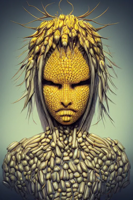 Image similar to corn dandelion humanoid figure monster, symmetrical, highly detailed, digital art, sharp focus, trending on art station, amber eyes