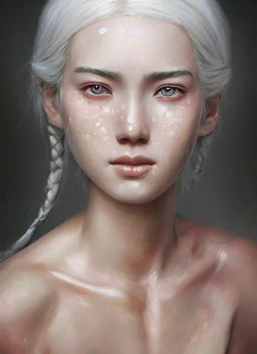 Image similar to girl with shoulder length white hair, rice farmer, beautiful highly detailed face, light freckles, pink pupils, beautiful painting by artgerm and greg rutkowski and raymond swanland