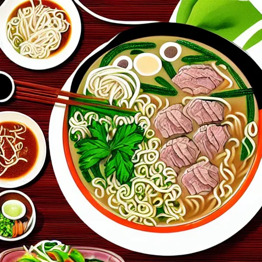 Image similar to flatlay realistic photo of delicious pho, ramen, aesthetic table cloth, highly detailed, by marc haydon, kailee mandel, masterpiece, 8 k hd, award winning, artstation,