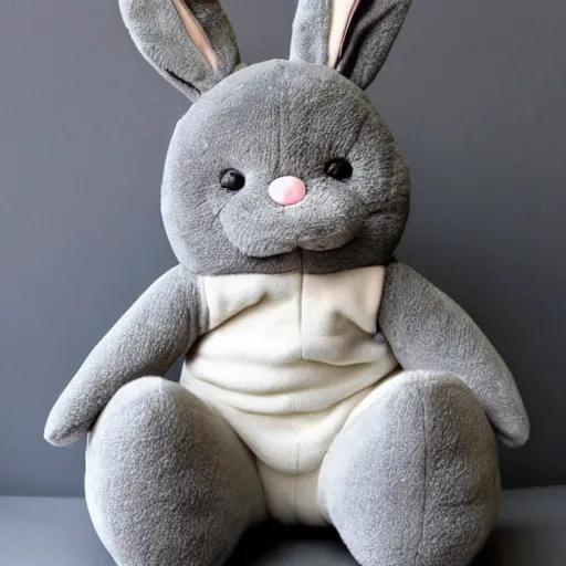 Image similar to a cute plush doll made to look like a baby wearing a grey fluffy bunny suit