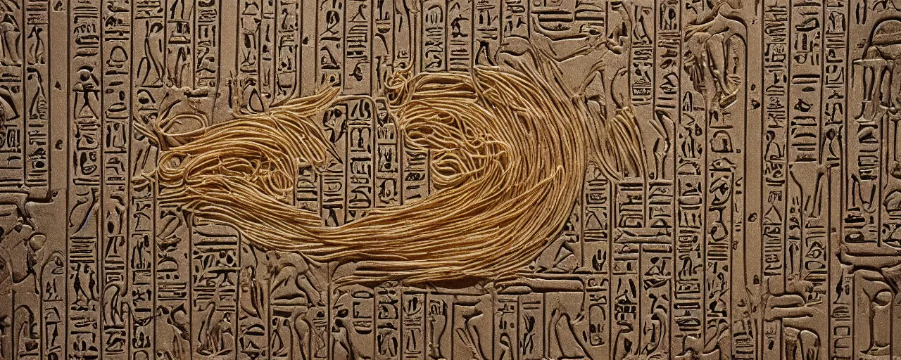 Image similar to spaghetti hieroglyphics, ancient egyptian, hyper - realistic, small details, intricate, canon 5 0 mm, wes anderson film, kodachrome