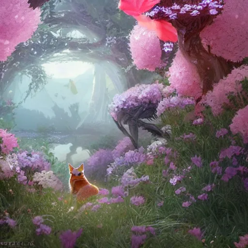 Image similar to a fox surrounded by beautiful flowers, by stanley lau and greg rutkowski