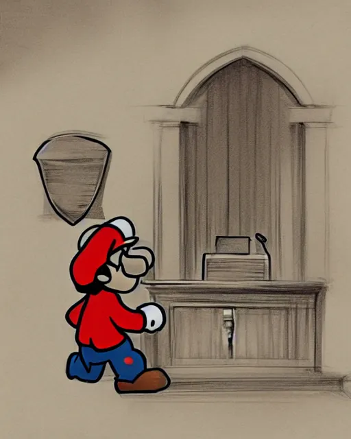 Prompt: super mario on the stand, court room sketch, fine details, concept art, extremely detailed, very sharp,