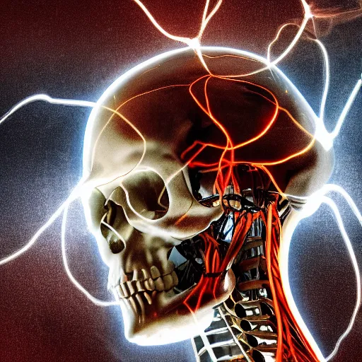 Prompt: machine turning into human, old computer, electric gadgets, machine, human skelton, human skull, surreal, abstract, oil color, fog, sparks + smoke, red ink, fractal glass, transparent, electric + lightening wire, 8k