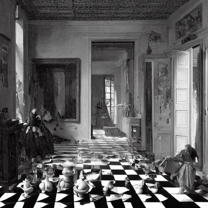 Prompt: pieter de hooch, trending on artstation, highly detailed, black and white checkerboard floor in the middle of the rainforest, intricate, elegant