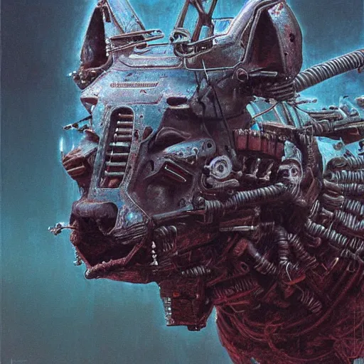 Image similar to hyena robot, cyberpunk, highly detailed quadrupedal cyborg, beksinski style, very detailed painting