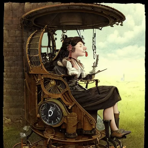 Image similar to a hyperrealistic painting of a victorian steampunk woman sitting in her time machine, blue skies, by john kenn mortensen, highly detailed,