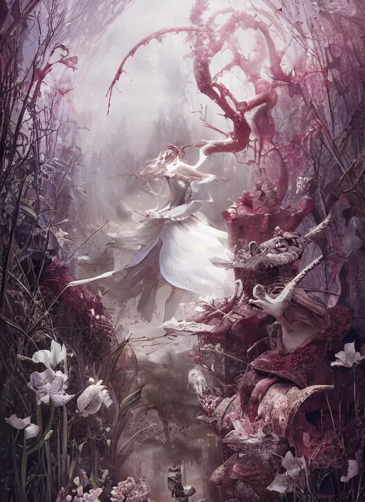 Prompt: Alice in Wonderland hunting White Rabbit,highly detailed,cinematic,8k,by Stanley Artgermm,Tom Bagshaw,Greg Rutkowski,Carne Griffiths, Ayami Kojima, Beksinski, Giger,trending on DeviantArt,hyper detailed,horror, full of colour