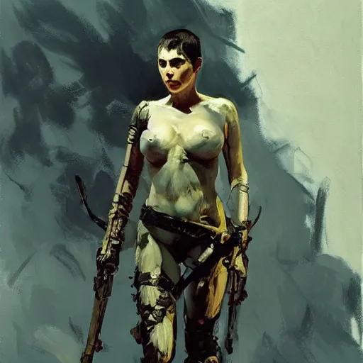 Image similar to alison brie as furiosa, intricate, elegant, highly detailed, greg manchess, mucha, liepke, ruan jia, jeffrey catherine jones, ridley scott