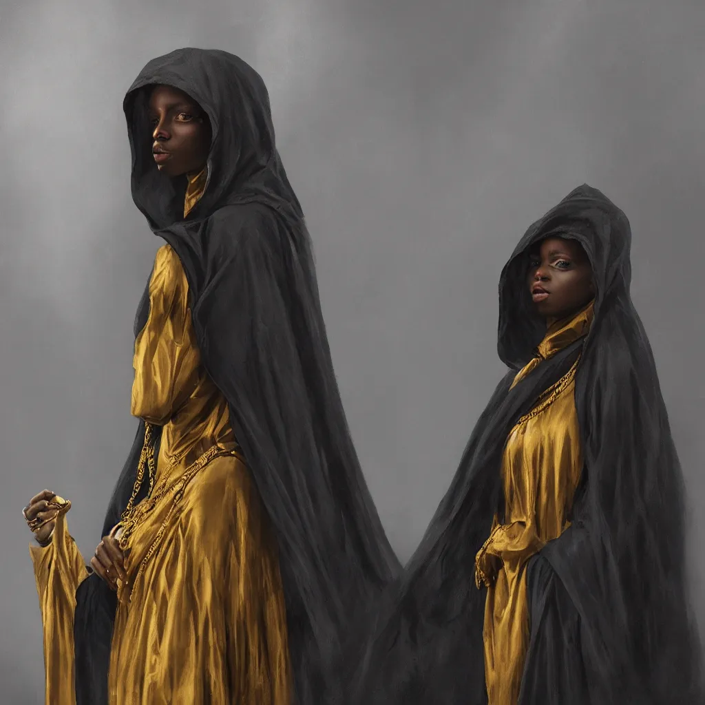 Image similar to a portrait of a young black woman wearing a long dark cloak, hood and shadows covering face, holding golden jewelry, oil painting, matte painting, black background, Volumetric Golden dappled dynamic lighting, Highly Detailed, Cinematic Lighting, Unreal Engine, 8k, HD, by Beksinski