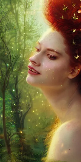 Image similar to empathic young woman, smiling amazed, golden fireflies lights, full covering intricate detailed dress, amidst nature, long red hair, precise linework, accurate green eyes, small nose with freckles, beautiful oval shape face, realistic, expressive emotions, dramatic lights, hyper realistic ultrafine art by artemisia gentileschi, jessica rossier, boris vallejo