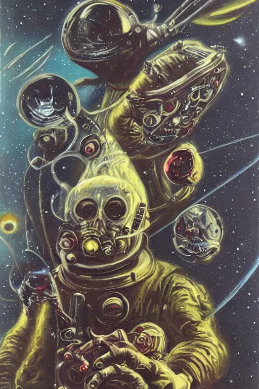 Image similar to space horror by jack vance, mike mignogna, highly detailed, vintage dark sci fi, oil painting