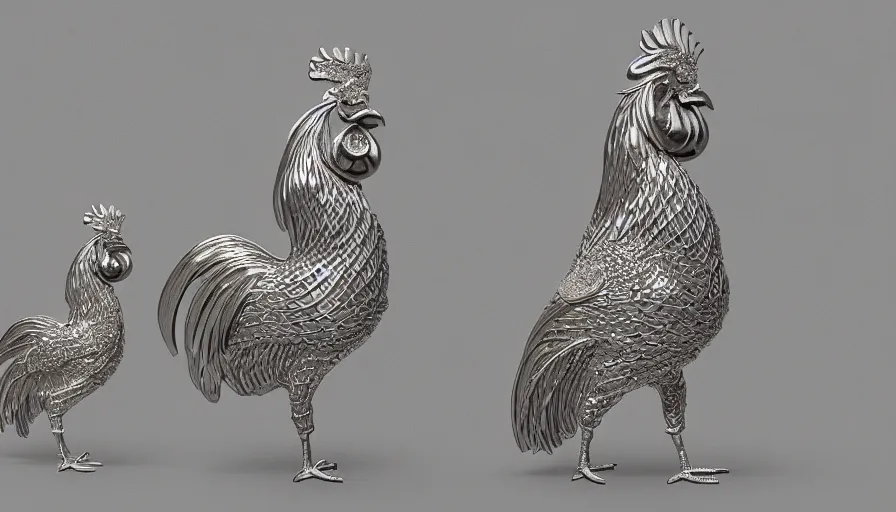 Prompt: rene lalique jewelry design with a rooster, hens, chinckens, intricate, delicate, art nouveau, highly detailed, 3d render, uplight, 8k, unreal engine, octane rendered, wow