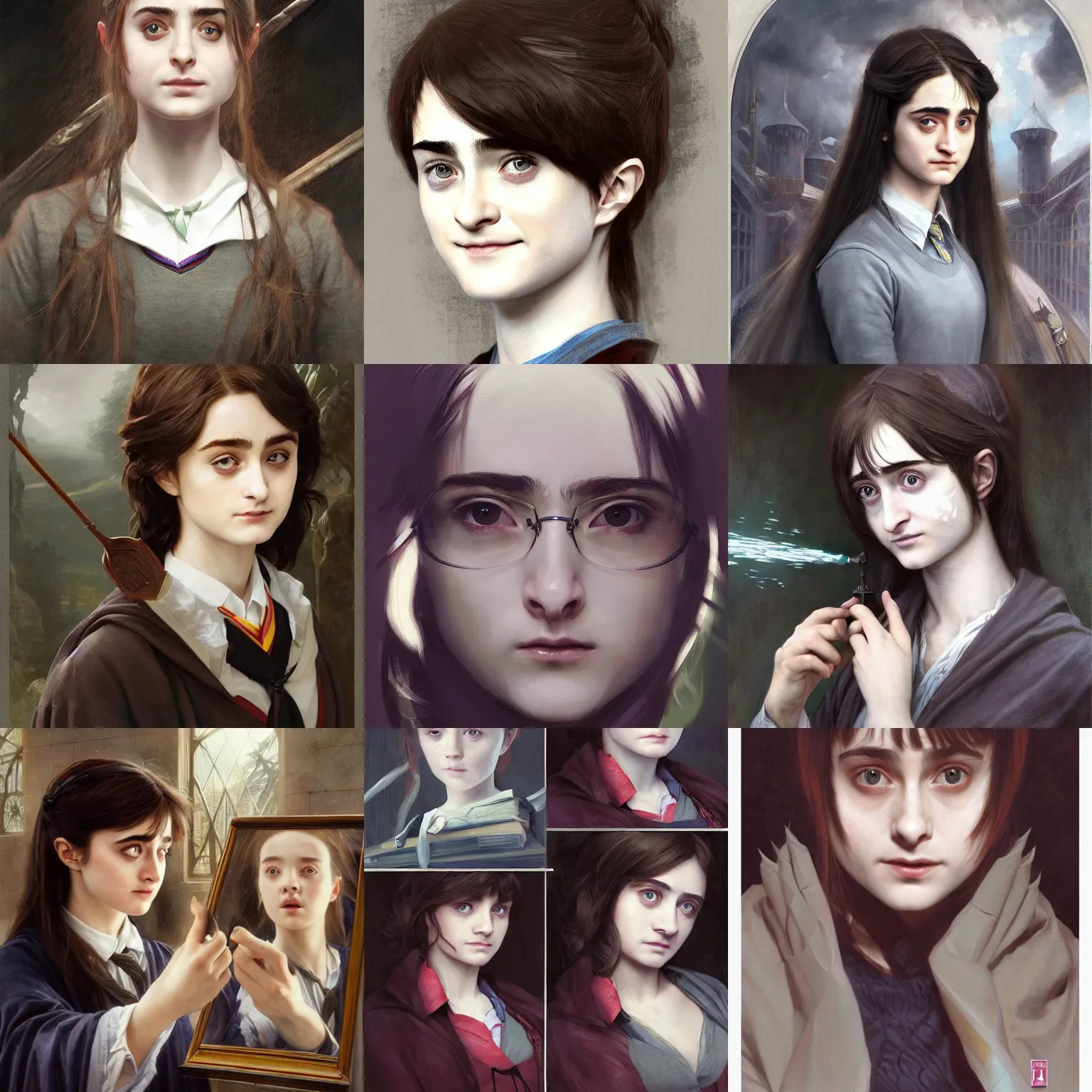 Prompt: a female hogwarts student who looks like daniel radcliffe, looking in mirror, surprised, defined facial features, symmetrical facial features. by ruan jia and artgerm and range murata and krenz cushart and william adolphe bouguereau, key art, fantasy illustration, award winning, intricate detail realism hdr