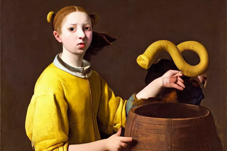 Prompt: girl with brown hair, short horns, long animal ears, a yellow t - shirt and blue overalls, wearing a barrel in a medieval marketplace, baroque, art by johannes vermeer