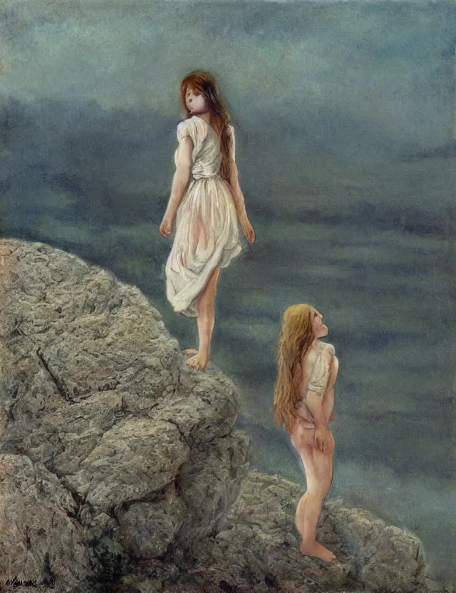 Image similar to peasant barefoot girl with long blowing hair standing on the edge of rock, cottage core, cinematic focus, polaroid photo bleached vintage pastel colors high - key lighting, soft lights, foggy, by steve hanks, by lisa yuskavage, by serov valentin, by tarkovsky, 8 k render, detailed, oil on canvas