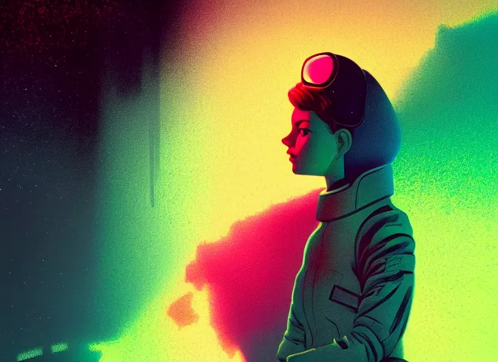 Image similar to ( ( dither ) ), editorial illustration portrait of a young astronaut girl, colorful, modern art deco, mads berg, karolis strautniekas, christopher balaskas, stippled light, fog, moody, fine texture, dramatic lighting, dynamic composition, detailed, matte print, dynamic perspective, muted color