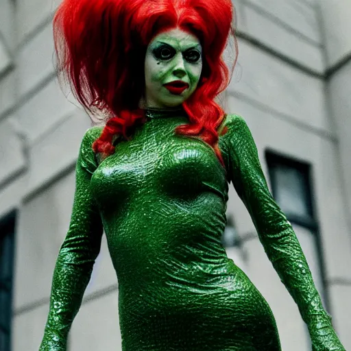 Image similar to Mr Bean as Poison Ivy in Batman, directed by Tarantino, film grain, EOS-1D, f/1.4, ISO 200, 1/160s, 8K, RAW, symmetrical balance, in-frame, Dolby Vision