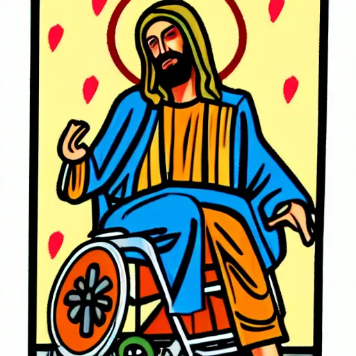 Image similar to jesus christ smoking a blunt, sitting in a wheelchair, biblically accurate